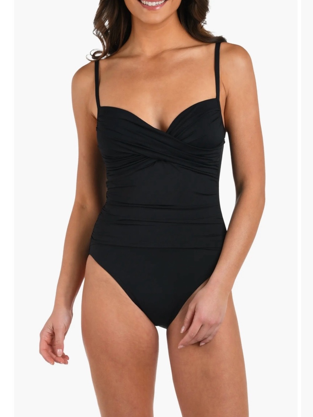 La Blanca Island Goddess Twist Front Ruched One Piece Swimsuit 10 Black NEW
